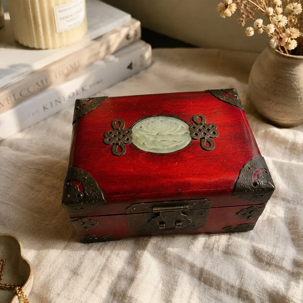 Chinese Hangzhou Wood Jewelry Box Carved Green Stone Metal Hardware
